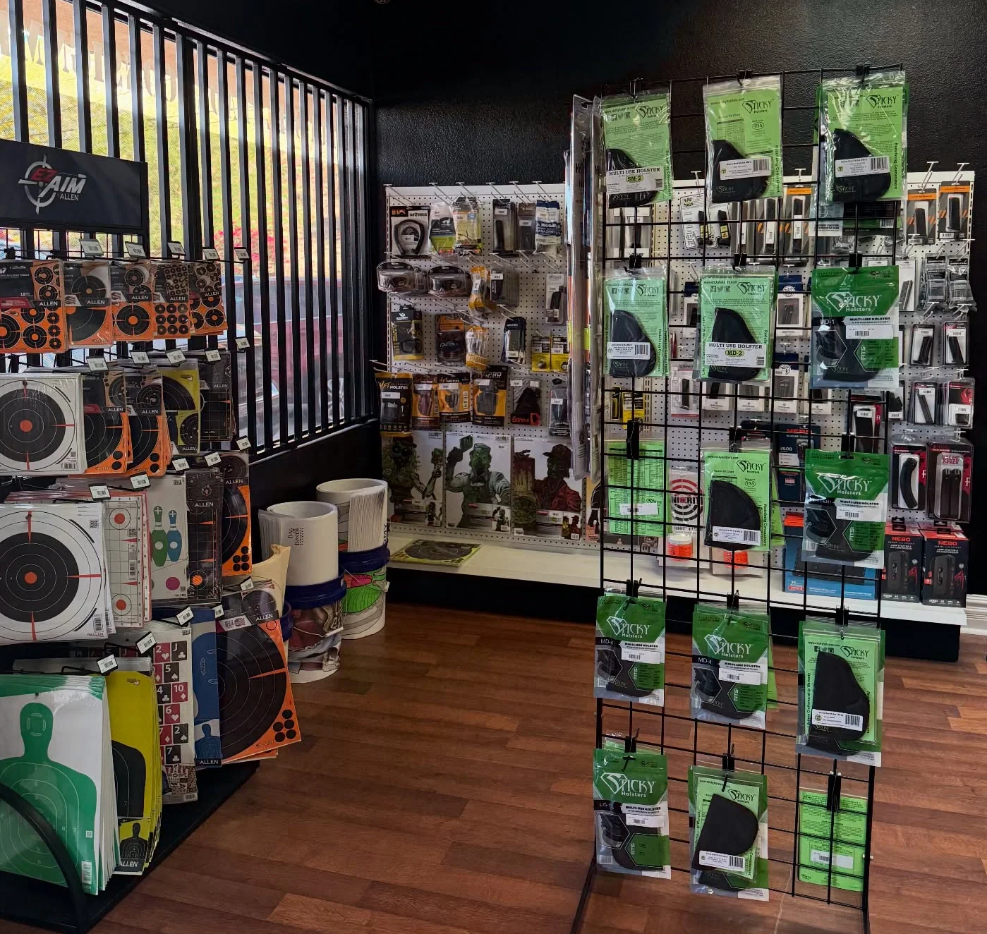 Paper targets and Sticky holster wall at Gun Boss in Bullhead City, Arizona